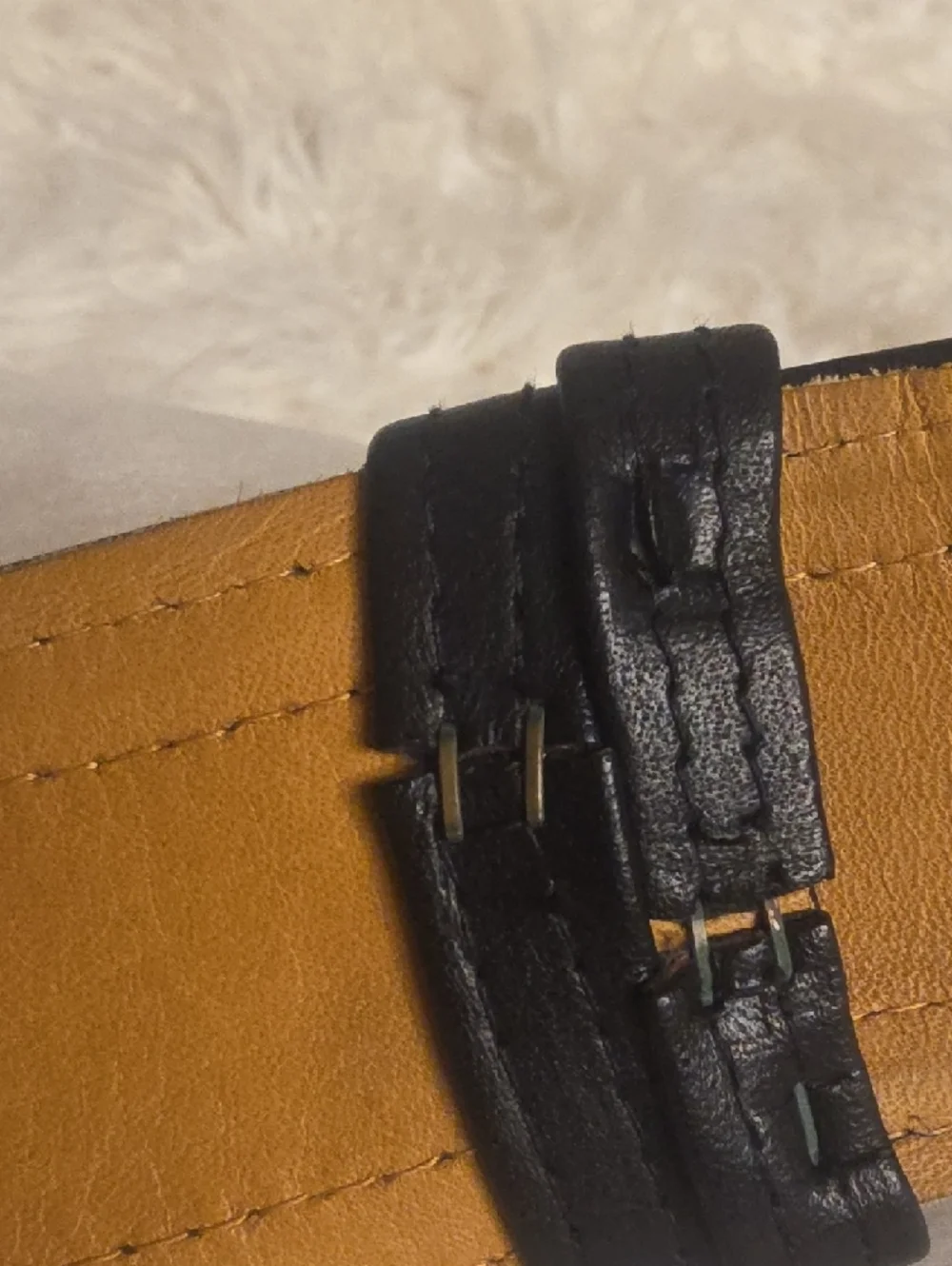 Ginnie Johansen Vintage Black Leather Belt with Tan Interior and Rounded Buckle